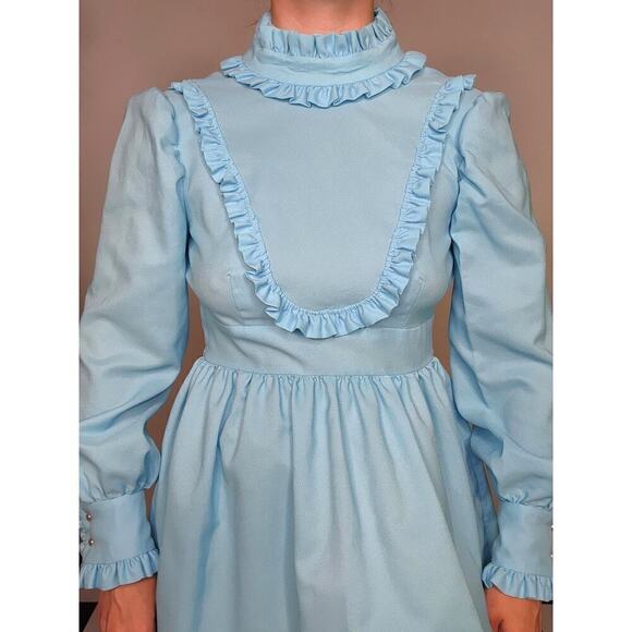 Vtg 60s 70s Handmade Blue Ruffle Prairie Cottage Empire Waist Dress Sz X-Small - Picture 5 of 10